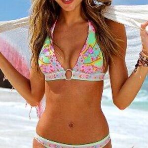 Victorias Secret Bikini Top Colorful Floral Rhinestone Ring Green Halter Medium